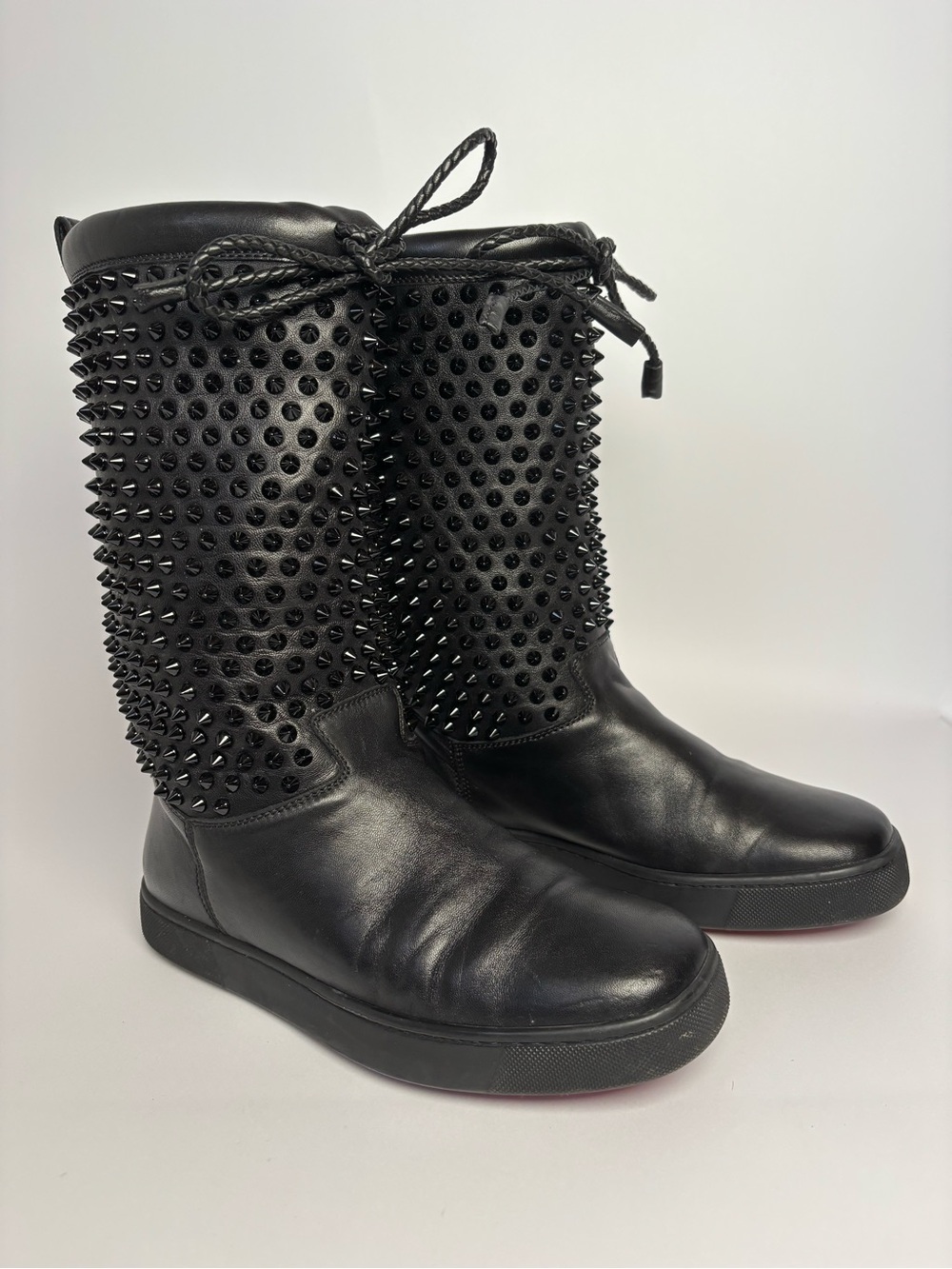 Christian Louboutin Surlapony Black Spiked Flat Boots Marked Size 38.5 Red Soles